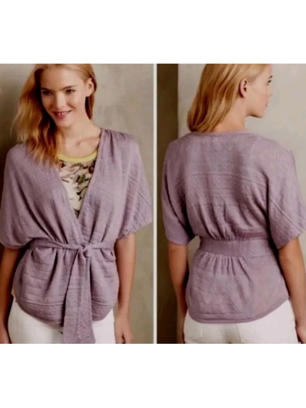 Anthropologie Moth Lavender Kimono Tie Front Cardigan Chevron - Size Large
